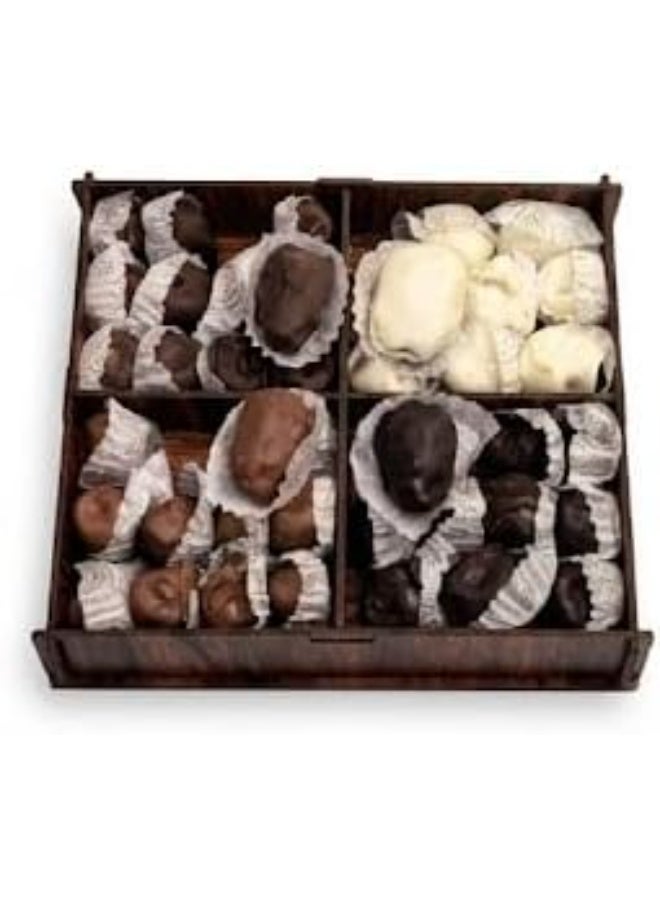 Raheeq Almond-Filled Dates Gift Box Covered with Mixed Chocolate Between 4 Types — Dark, Raw, Milk and White Chocolate — in a Premium Wooden Box - Image 2